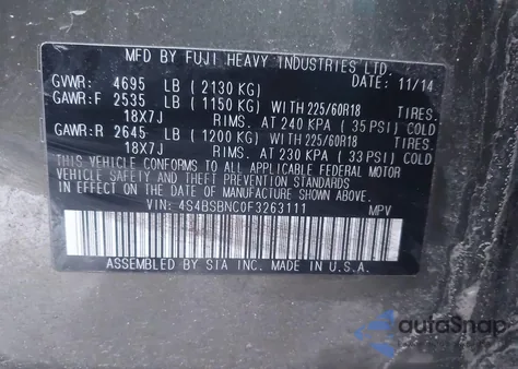 2015 Subaru Outback 2.5I Limited z USA, uszkodzony, nr VIN 4S4BSBNC0F3263111